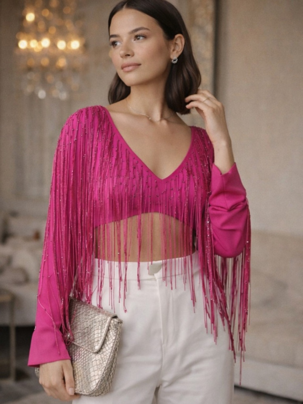 NWT Cult Gaia Lorena fringe embellished cropped top in Anemone Pink Sz L